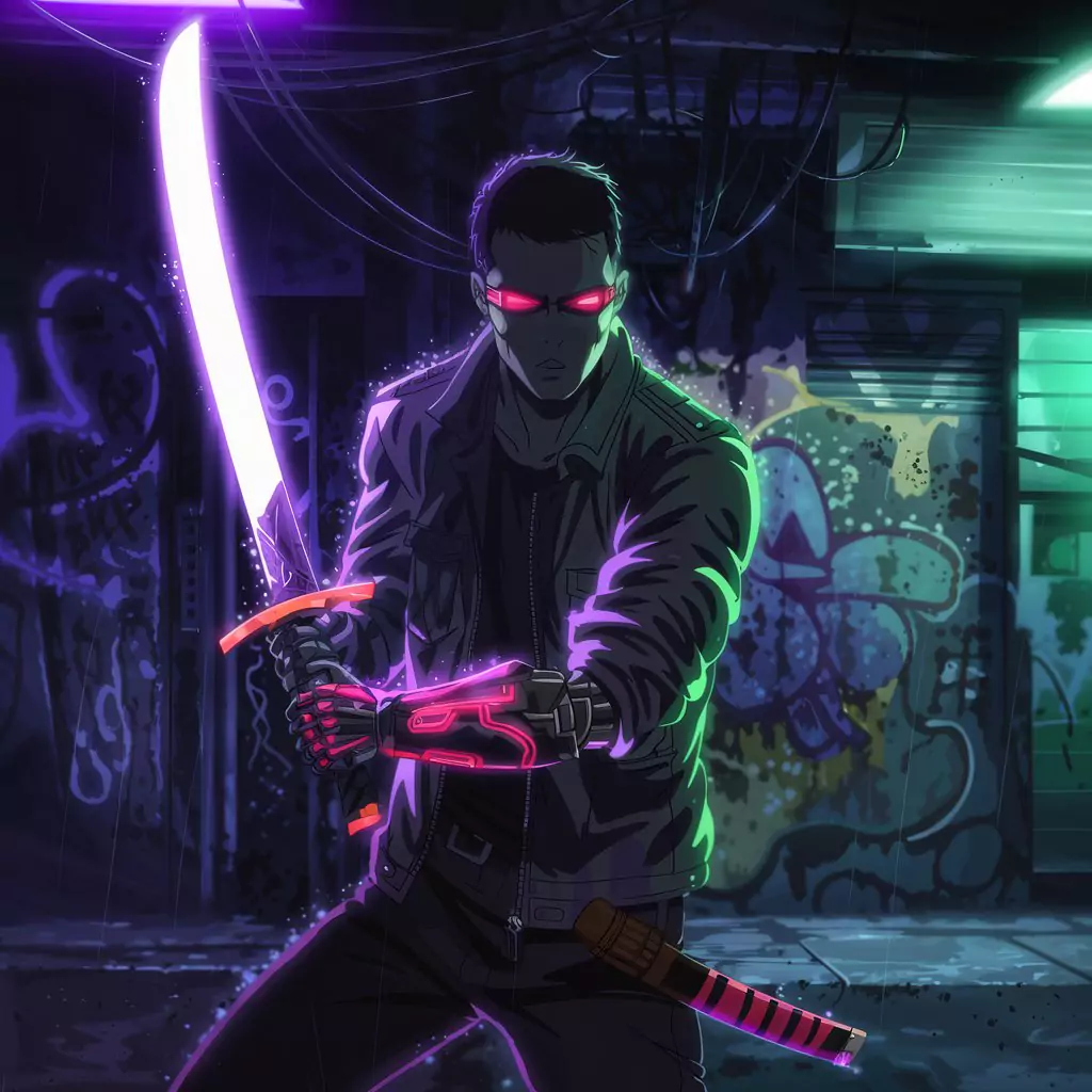 AI Art Prompts for Anime - Male street samurai, glowing katana, cybernetic arm, red optical implants, combat jacket. Dimly lit, graffiti-covered alley. Sparks from exposed wires.