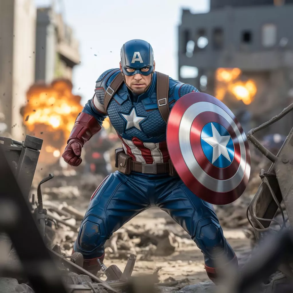 AI Art Prompts for Characters - Captain America, stoic, in a battle-worn classic suit, holding his vibranium shield.