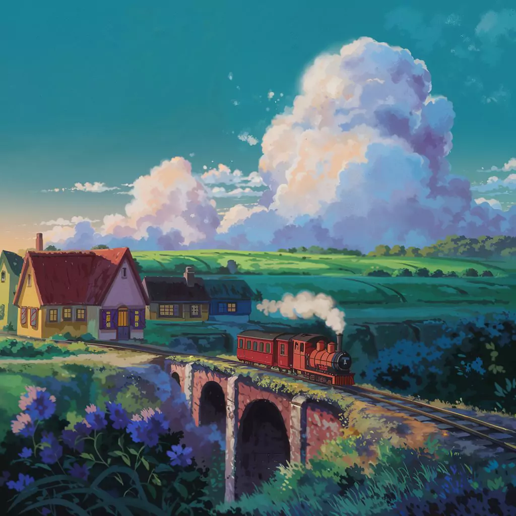 AI Art Prompts for Anime - Quaint, colorful village, rolling green hills, vast cerulean sky, towering cumulus clouds. Tiny steam train crossing rustic bridge, soft white smoke.