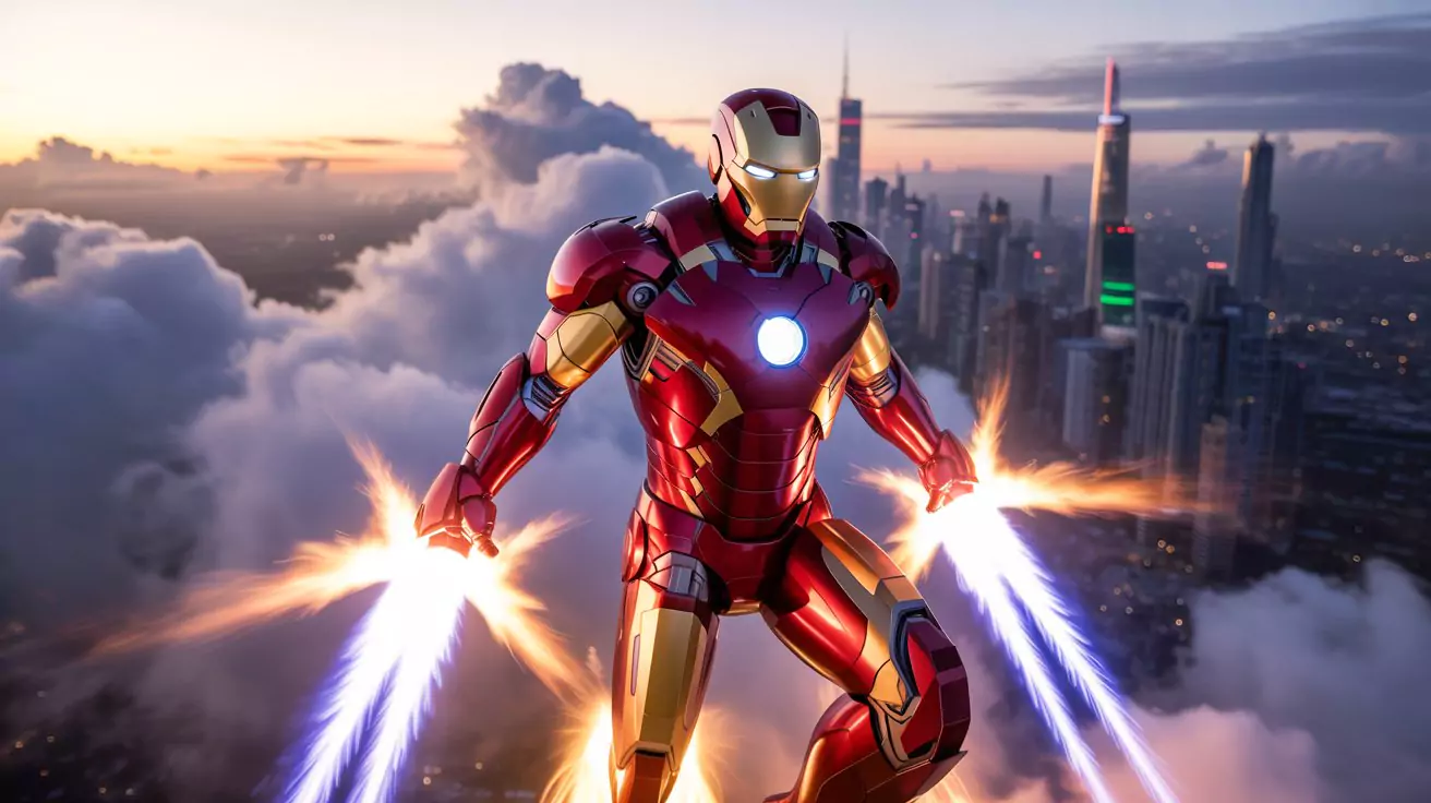 AI Art Prompts for Characters - Iron Man in flight, sleek red and gold armor gleaming