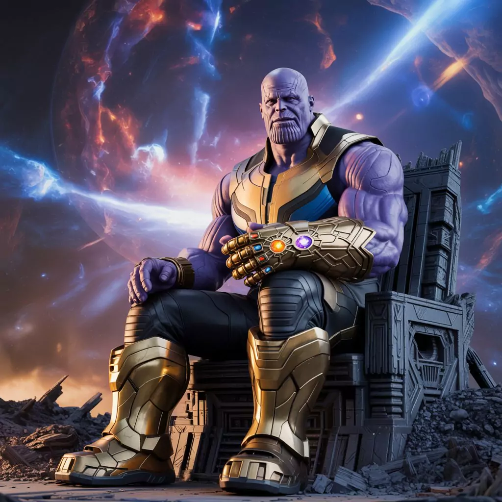 AI Art Prompts for Characters - Thanos, imposing, massive purple skin, golden armored gauntlet glowing with Infinity Stones.