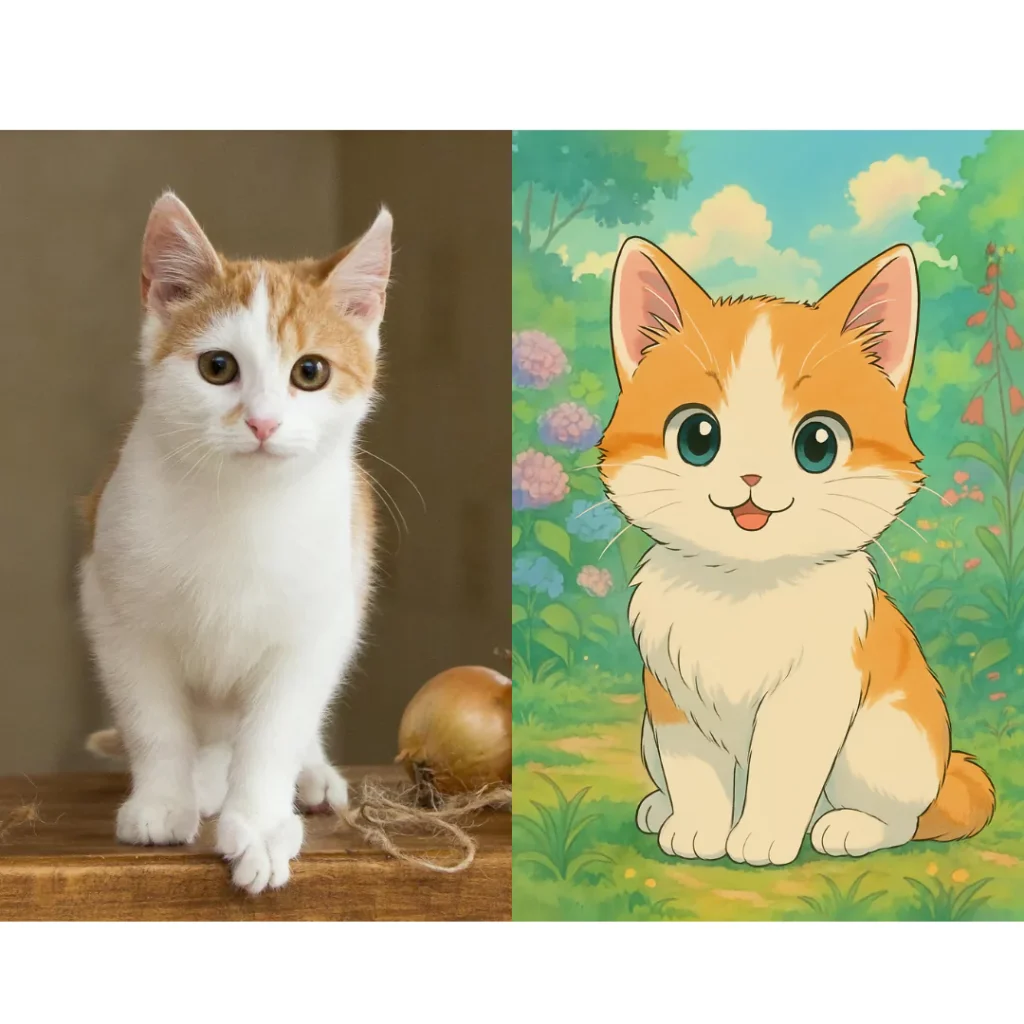 How to Make Anime Style AI Art Free? ai art prompts for anime - A cat in an adorable anime style companion Studio Ghibli aesthetic