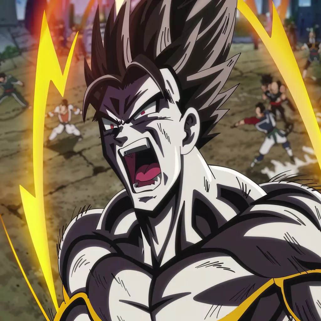 AI Art Prompts for Anime - Intense dynamic close-up of character screaming mid-battle, highly detailed muscle definition, veins, spiky hair defying gravity amidst raw power aura.