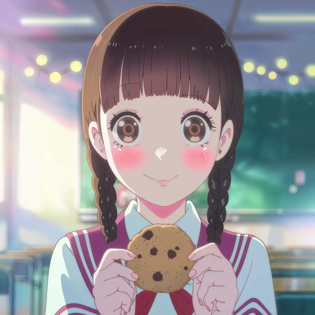 AI Art Prompts for Anime - Blushing moe-style schoolgirl, large innocent hazel eyes, neat twin braids, shyly offering homemade cookie.