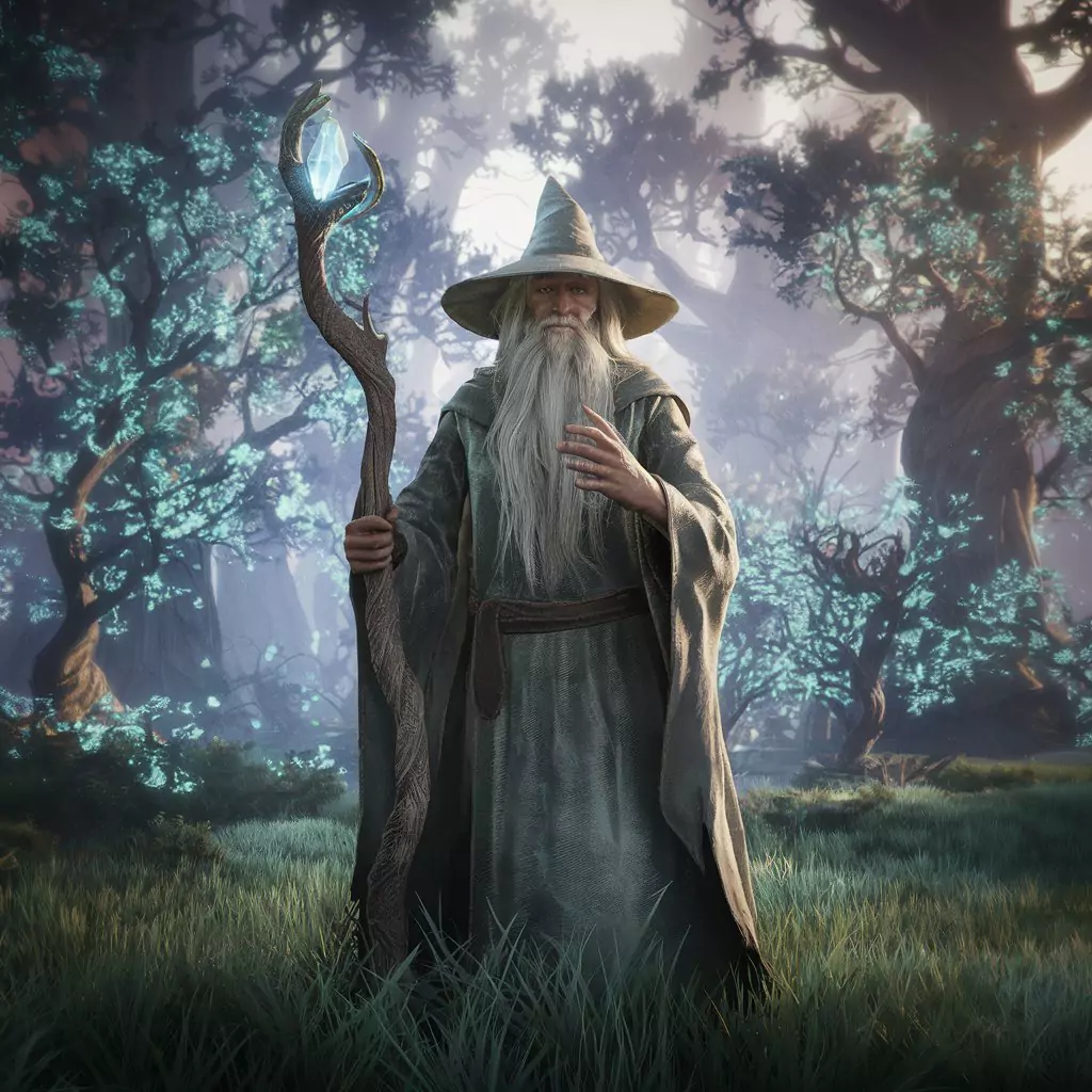AI Art Prompts for Characters - Ancient wizard Gandalf, wise, ethereal, long white beard, pointed hat. Holding a gnarled staff with a pulsating crystal.