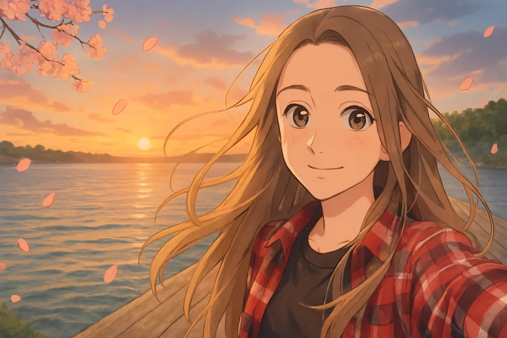 How to Make Anime Style AI Art Free? Anime Style AI Art Free - photo of Tatiana in anime style. Sunset background, cherry blossoms falling, soft glow.