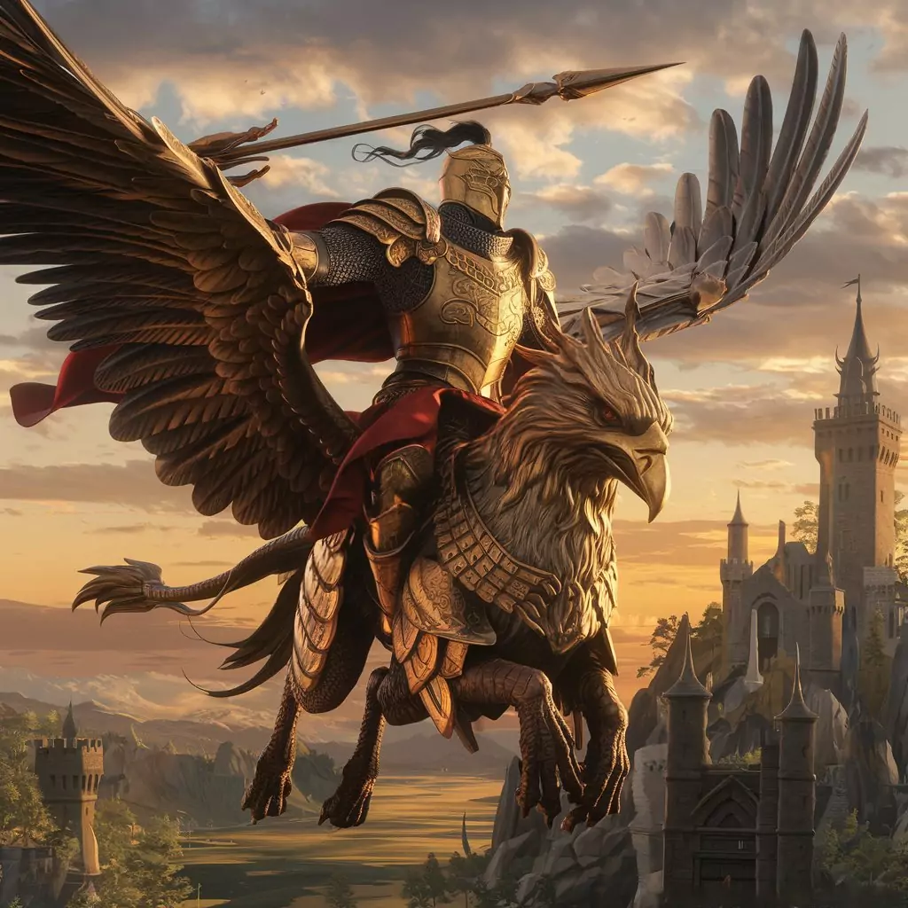 AI Art Prompts for Characters - Majestic griffin knight, stoic, intricate golden plate armor, gleaming lance