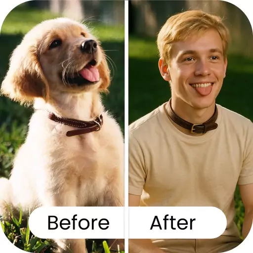 Top 10 Viral AI Art Memes of 2025 AI-generated meme showing a playful transformation of a golden retriever into a cartoon boy wearing a matching collar and beige shirt, illustrating the viral 2025 trend where pets are depicted as humorous human caricatures using artificial intelligence. The meme highlights quirky pet-to-person morphs and squishy, endearing style popular in AI art culture by AI Artz.