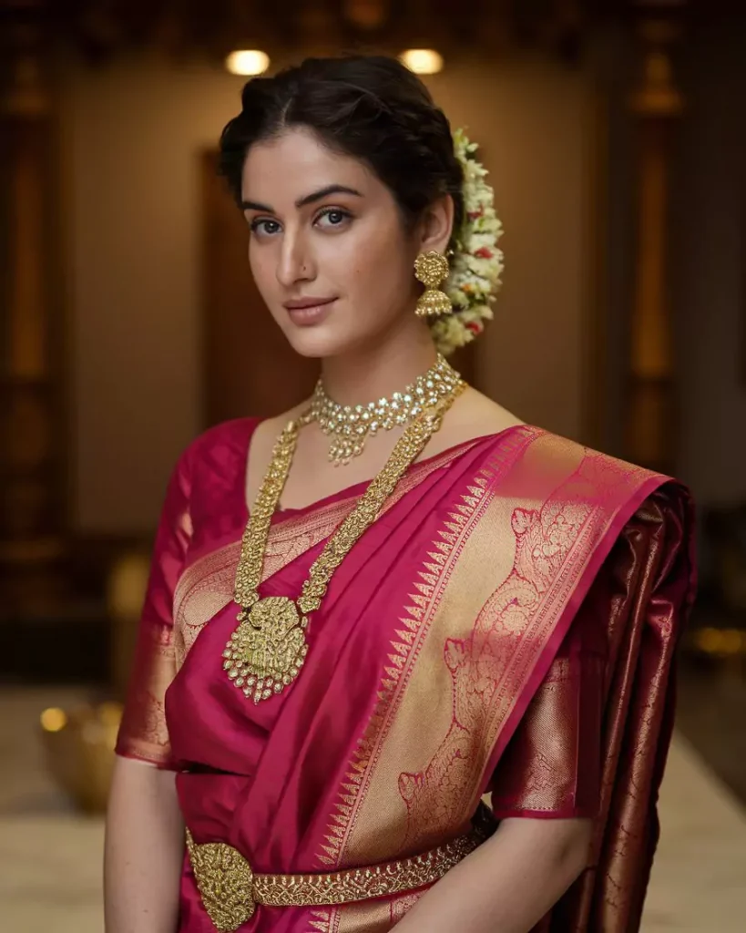 Prompts to Create Beautiful Indian Girls in Diverse Indian Attires AI-generated image of an Indian woman wearing an elegant red and gold Kanjeevaram saree, adorned with traditional South Indian temple jewelry and jasmine flowers, embodying Tamil Nadu's rich weaving heritage and timeless cultural treasure by AI Artz.
