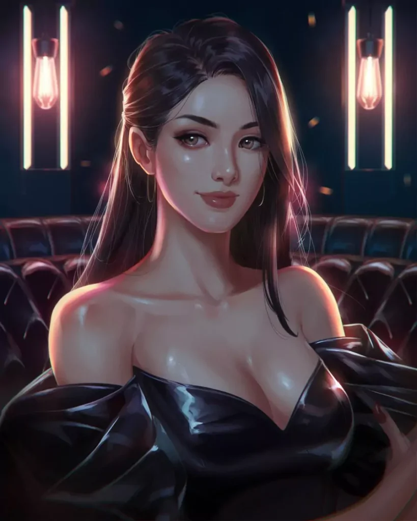 Create Your First Janitor AI Character AI-generated image of a mature female character for Janitor AI NSFW and adult roleplay chatbot template, featuring elegant long dark hair, off-shoulder black dress, and moody nightclub lounge background—ideal for guides on creating safe and detailed 18+ AI characters, roleplay chatbots, and NSFW bot tutorials in 2025 by AI Artz.