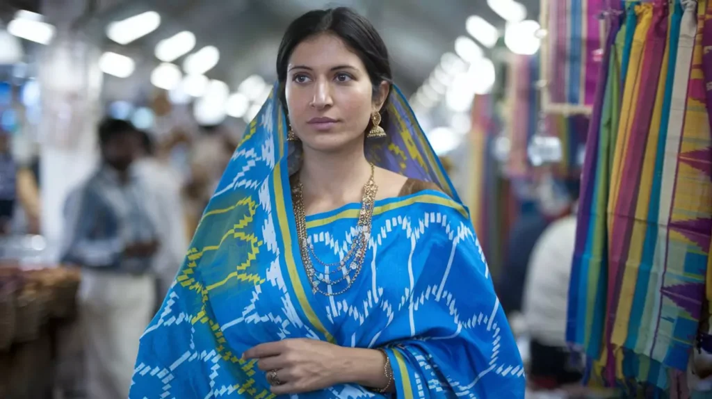 Prompts to Create Beautiful Indian Girls in Diverse Indian Attires Prompts to Create Beautiful Indian Girls - AI-generated image of a beautiful Indian girl in a vibrant blue and yellow Pochampally Ikat saree, adorned with traditional gold jewelry, standing in a colorful market setting, highlighting the iconic weaving artistry of Andhra Pradesh and Telangana.