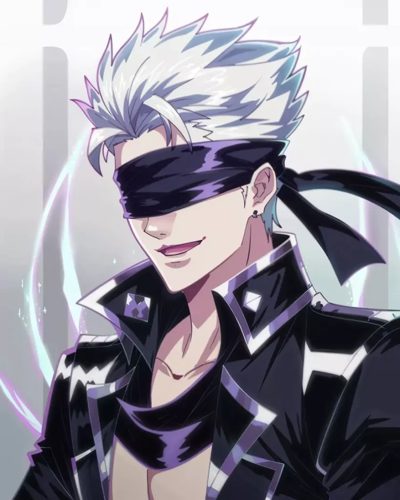Create Your First Janitor AI Character AI-generated image of Gojo Satoru anime character for Janitor AI template, featuring spiky white hair, black blindfold, and high-collared dark jacket, styled in vibrant digital anime aesthetics for chatbot character creation and roleplay tutorials; ideal for Janitor AI, chatbot setup, and anime character design guides in 2025 by AI Artz.