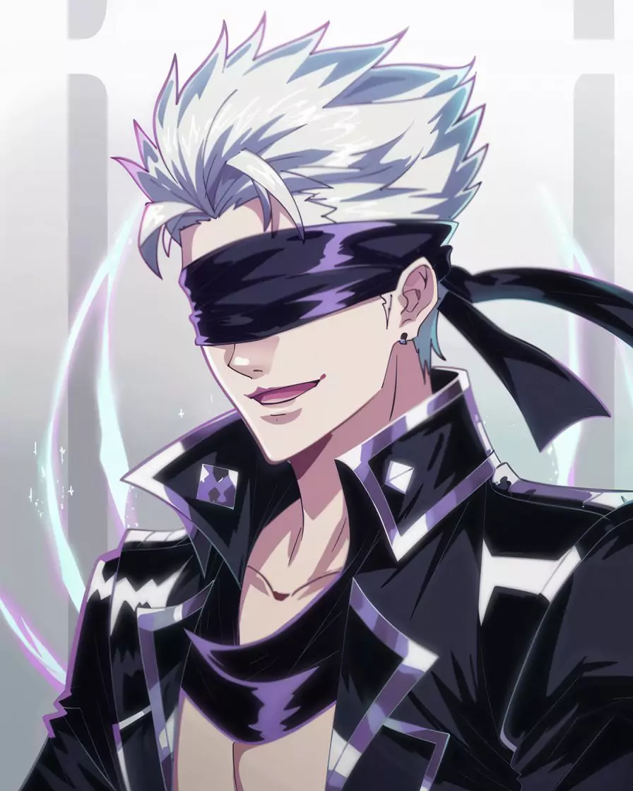 Create Your First Janitor AI Character AI-generated image of Gojo Satoru anime character for Janitor AI template, featuring spiky white hair, black blindfold, and high-collared dark jacket, styled in vibrant digital anime aesthetics for chatbot character creation and roleplay tutorials; ideal for Janitor AI, chatbot setup, and anime character design guides in 2025 by AI Artz.