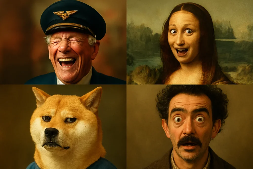 Top 10 Viral AI Art Memes of 2025 AI Art Memes - Collage of viral AI-generated meme characters from 2025, featuring a laughing airline pilot, exaggerated Mona Lisa, skeptical Shiba Inu in a blue shirt, and wide-eyed man with curly hair—showcasing humorous expressions and surreal digital art trends by AI Artz