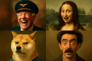 AI Art Memes - Collage of viral AI-generated meme characters from 2025, featuring a laughing airline pilot, exaggerated Mona Lisa, skeptical Shiba Inu in a blue shirt, and wide-eyed man with curly hair—showcasing humorous expressions and surreal digital art trends by AI Artz