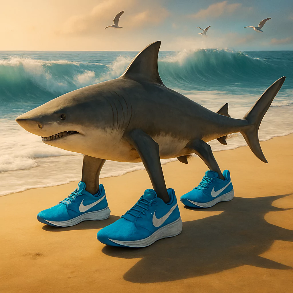 Top 10 Viral AI Art Memes of 2025 A surreal Italian Brainrot AI meme featuring a lifelike cartoon shark walking on a beach, wearing blue Nike sneakers, with ocean waves and flying seagulls in the background. The image blends absurd AI-generated humor and Italian pop culture, making it a trending example of viral AI art memes in 2025 by AI Artz