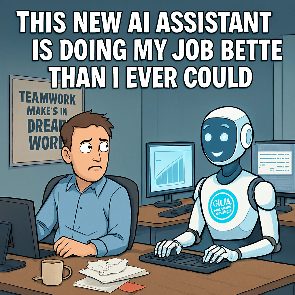 Top 10 Viral AI Art Memes of 2025 AI assistant robot typing at office desk while a surprised human worker sits nearby, highlighting workplace automation and the viral 2025 meme about artificial intelligence outperforming people at their jobs by AI Artz