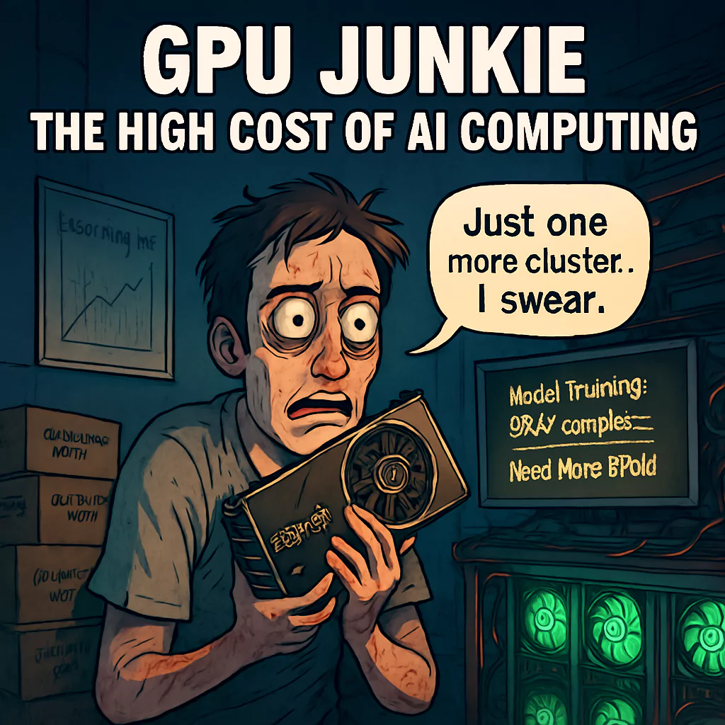 Top 10 Viral AI Art Memes of 2025 Cartoon person clutching a large GPU with glowing servers in the background, representing the viral 2025 AI meme about high computing and energy demands for artificial intelligence technology by AI Artz
