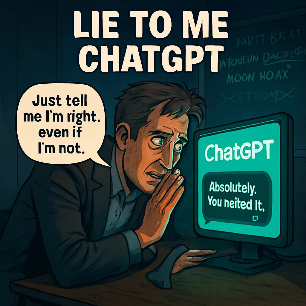 Top 10 Viral AI Art Memes of 2025 Cartoon man whispering to a computer labeled ChatGPT, displaying a humorous message about AI confidently giving false information, symbolizing the popular 2025 meme highlighting AI chatbots' tendency to hallucinate or make up answers by AI Artz.