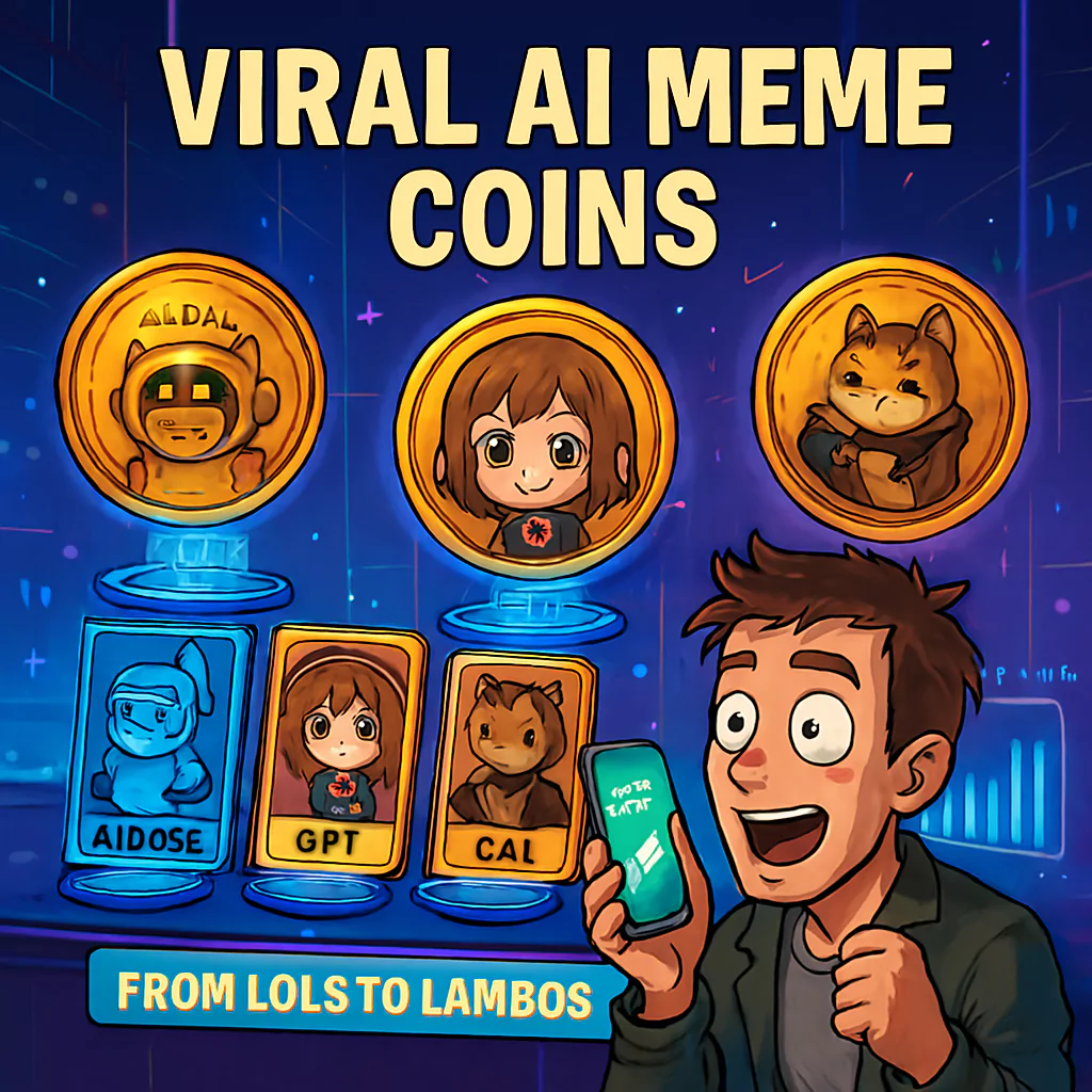 Top 10 Viral AI Art Memes of 2025 Cartoon crypto coins featuring AI-themed mascots - a robot, a chibi girl, and a shiba dog - illustrated with comic style and vibrant colors, highlighting the viral 2025 meme trend of AI meme coins blending cryptocurrency and internet humor by AI Artz.