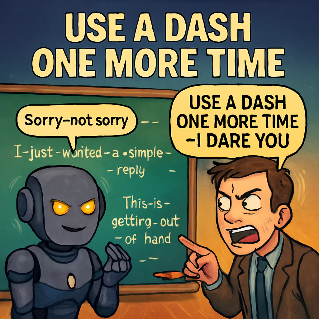 Top 10 Viral AI Art Memes of 2025 Cartoon robot and teacher in a classroom with exaggerated speech bubbles full of dashes and comic dialogue, humorously highlighting AI text generators' overuse of punctuation - an iconic 2025 viral meme about quirky AI language output by AI Artz.