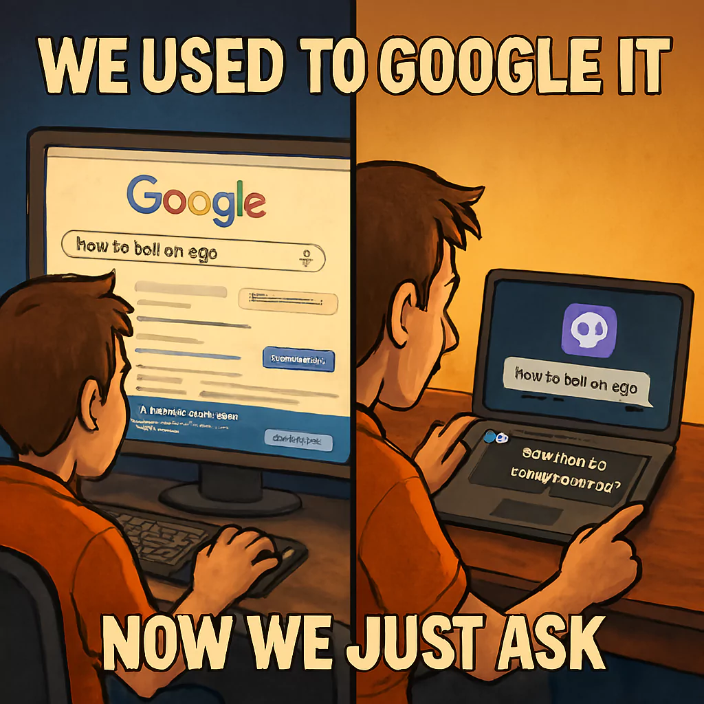 Top 10 Viral AI Art Memes of 2025 Split-screen cartoon showing a person searching for answers on Google and then asking an AI chatbot, symbolizing the 2025 meme about shifting from search engines to artificial intelligence for knowledge, with humorous depiction of modern information habits by AI Artz.