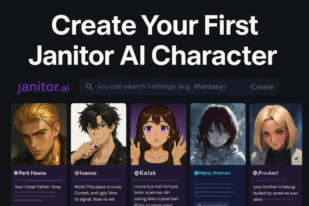 Create Your First Janitor AI Character AI-generated image of Janitor AI character cards preview, featuring diverse creative avatars, chatbot usernames, and descriptive roleplay summaries—perfect visual for tutorials on creating, customizing, and exploring AI characters, chatbot templates, and user profiles on Janitor AI in 2025 by AI Artz.