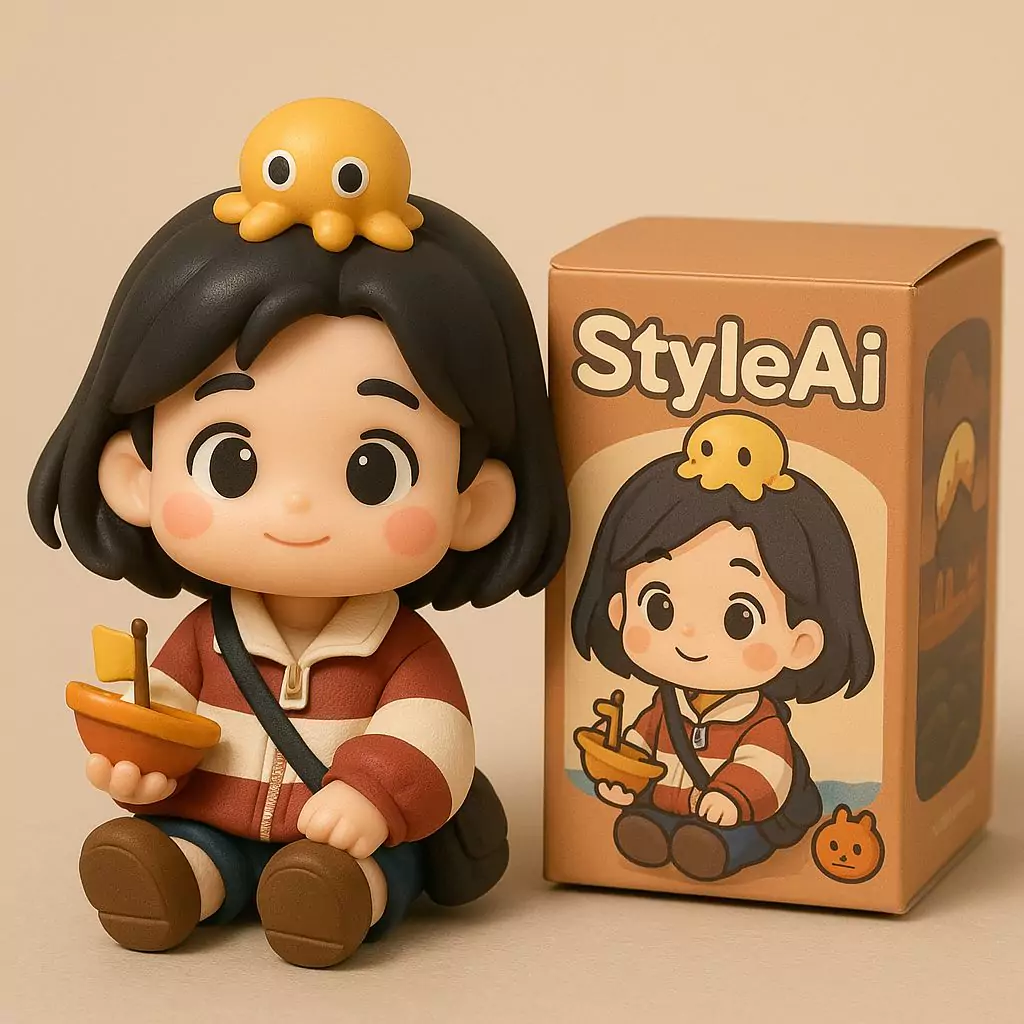Top 10 Viral AI Art Memes of 2025 AI-generated chibi figure holding a small boat, wearing a striped jacket with a yellow octopus on its head, posed next to a custom box labeled 'StyleAi.' The image showcases the viral 2025 meme trend of adorable, anime-inspired AI chibi characters, highlighting playful design and digital art innovation by AI Artz.