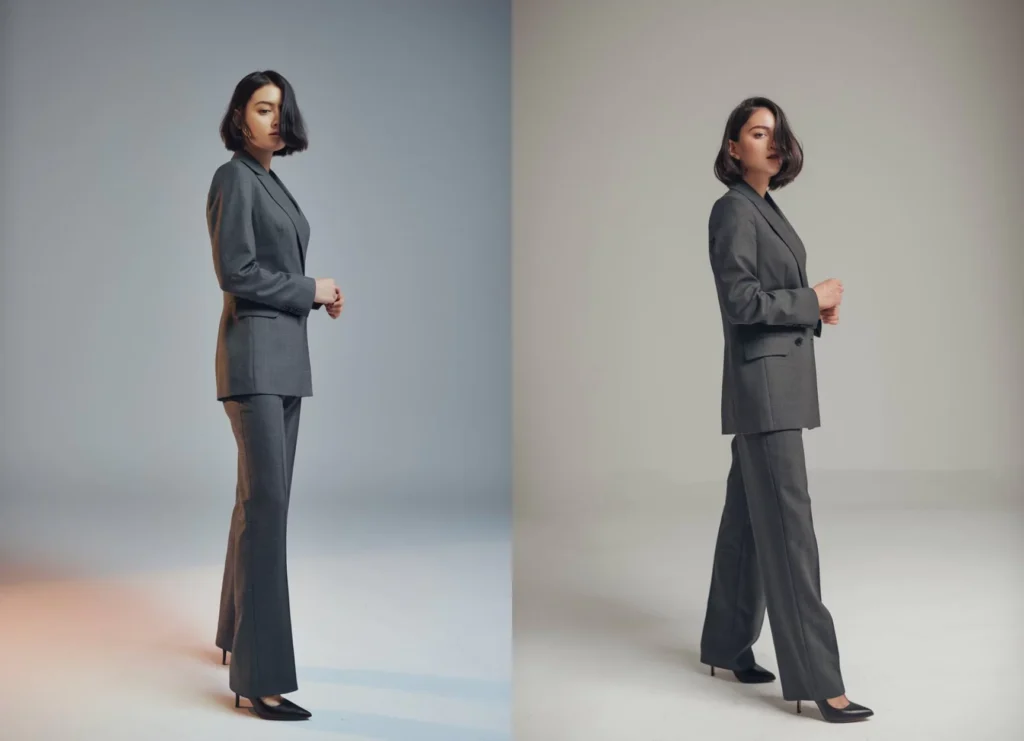 AI art prompt for full body - An AI-generated image diptych showing a professional full-body studio portrait of a woman in a grey suit, demonstrating two different lighting variations from an AI art prompt for full body by AI Artz