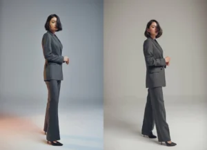 AI art prompt for full body - An AI-generated image diptych showing a professional full-body studio portrait of a woman in a grey suit, demonstrating two different lighting variations from an AI art prompt for full body by AI Artz
