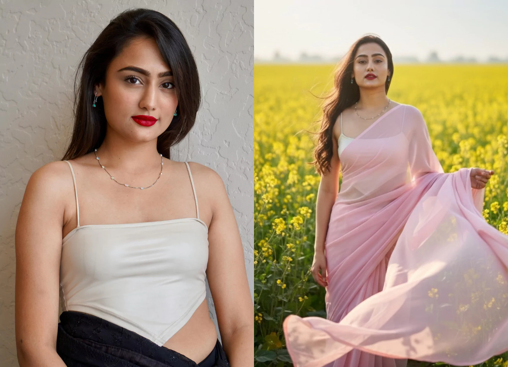 Google Gemini AI Photo Editing Prompts - A side-by-side comparison showing a real-life photo of a Indian woman transformed into a hyper-realistic AI portrait. The image demonstrates the power of Google Gemini AI Photo Editing Prompts, with the original photo on the left and the final gemini ai photo saree look on the right, created by an AI photo editor to appear as a professional photo shoot in a yellow mustard field by AI Artz