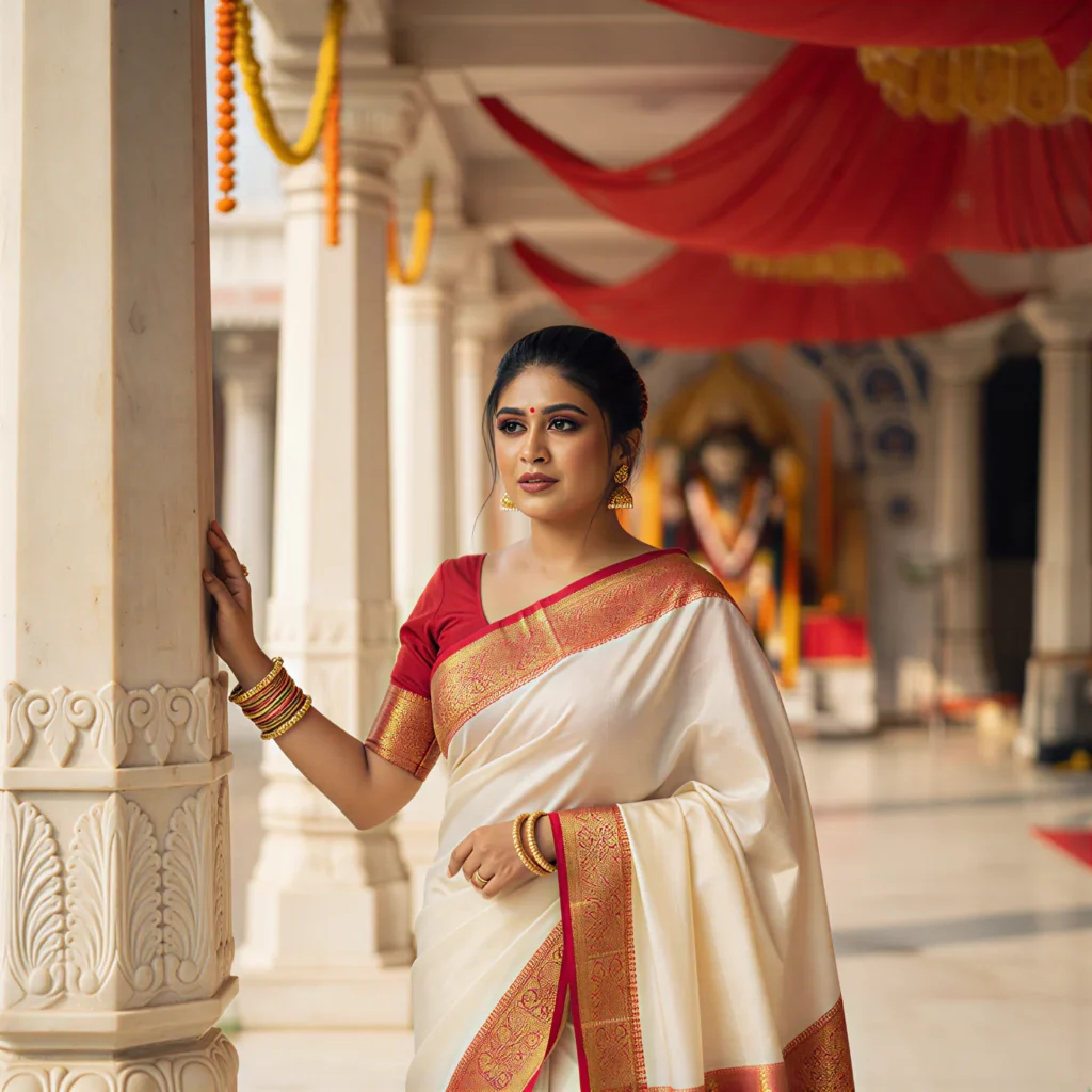Gemini AI photo editing prompts for Durga Puja: Indian woman in elegant off-white silk saree with a bold red border and gold bangles, posing gracefully near a marble pillar at a sunlit festival pandal with red and gold drapes, perfect for realistic Durga Puja photo edits and traditional Bengali saree style festival portraits by AI Artz