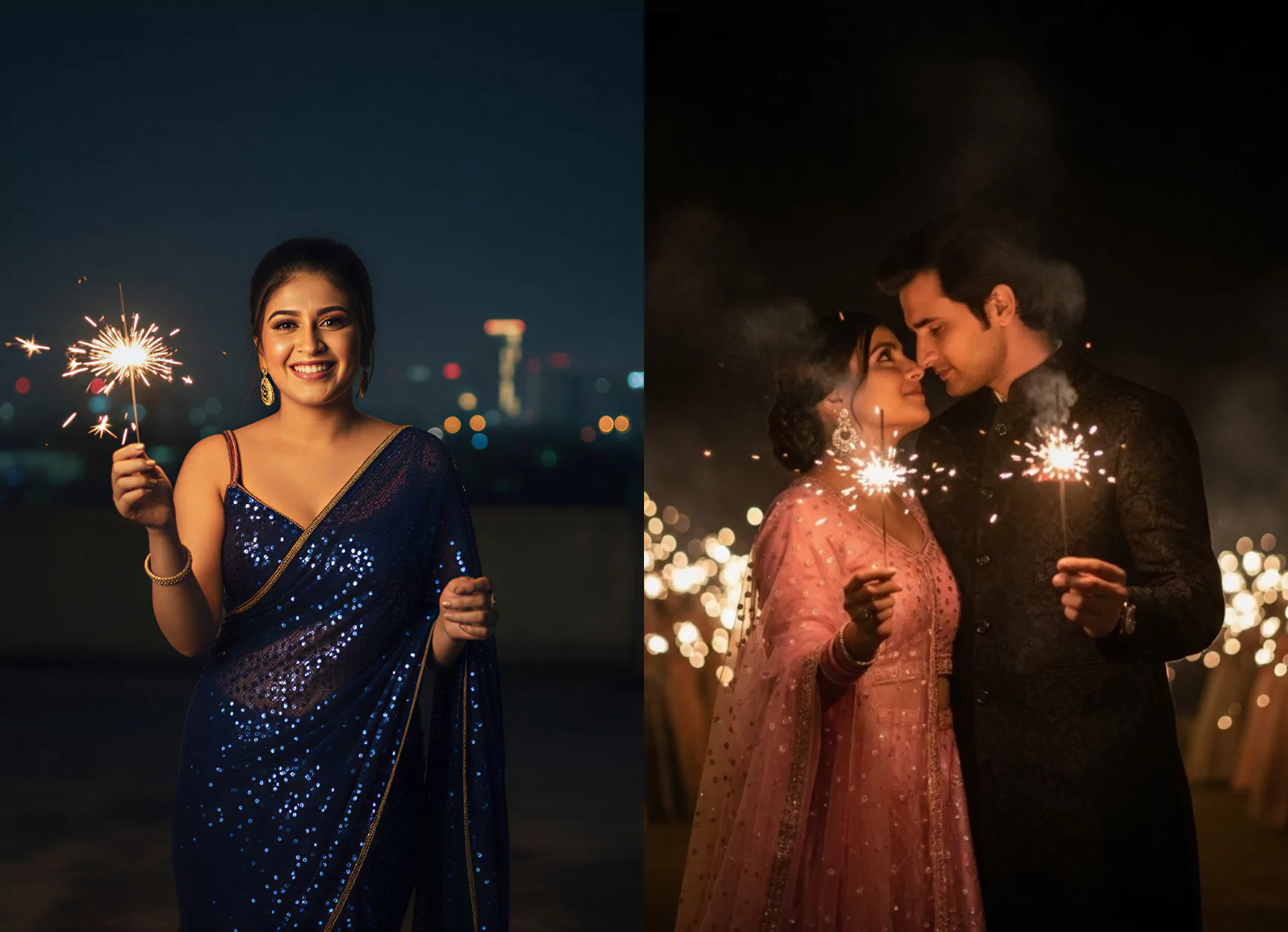 AI photo editing prompts for Diwali festival: Indian woman in a blue sequin saree holding a sparkler at night and a romantic couple celebrating with sparklers in traditional attire, perfect for creating realistic Indian festival images and viral social media photos using ai photo editing, Diwali couple poses, trending festival photo ideas, and best AI image prompts for professional Diwali photography by AI Artz