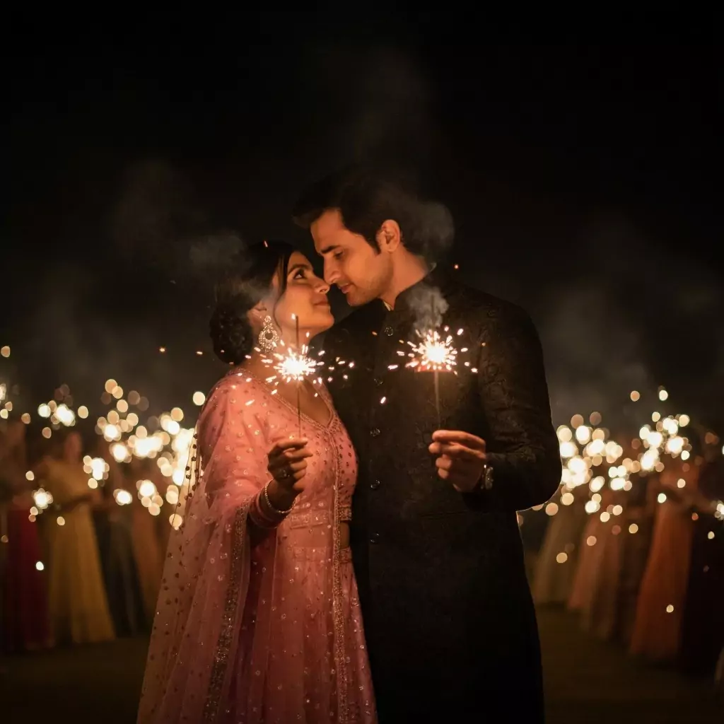 Gemini AI photo editing prompts Diwali couple romantic intimate close up Indian couple embracing holding sparklers woman in pink lehenga man in dark kurta bokeh light background memorable Diwali celebration trending festival couple portrait realistic AI festive image by AI Artz