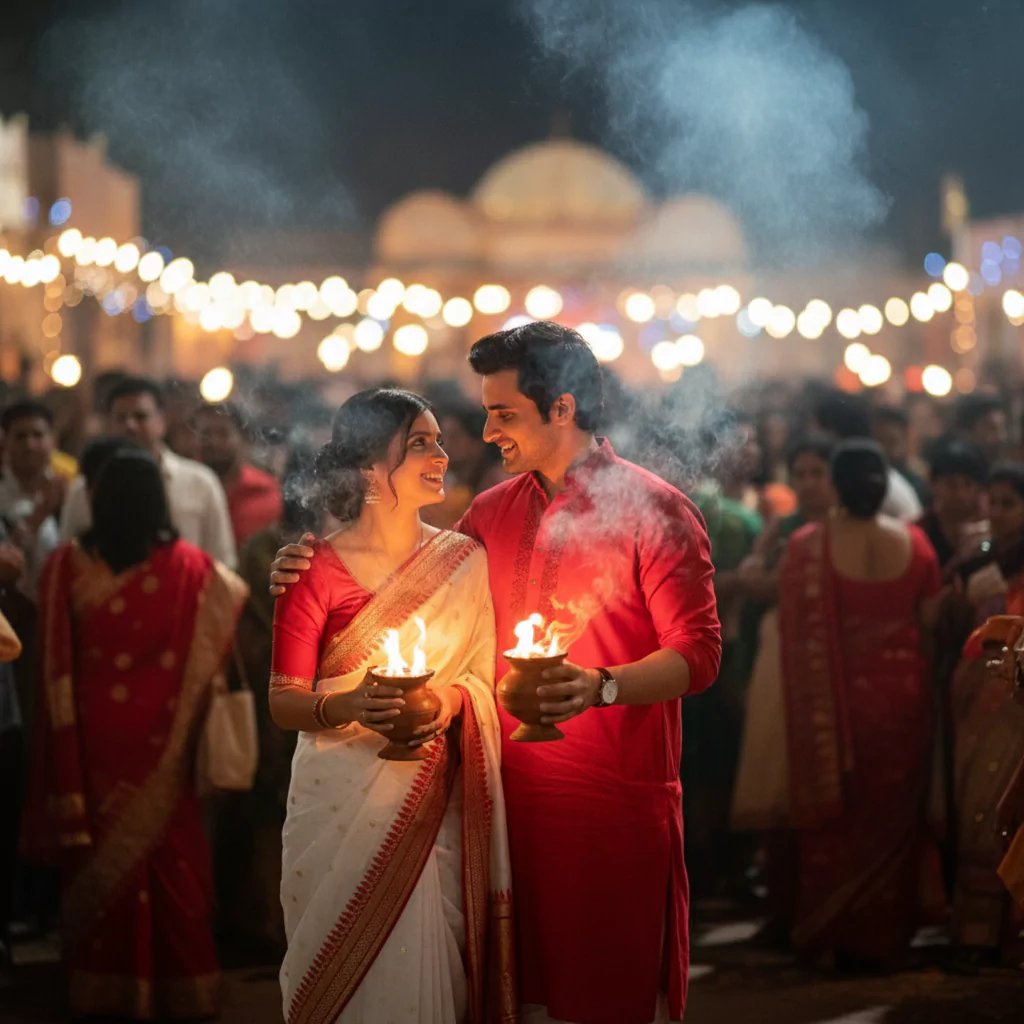 Gemini AI photo editing prompts Durga Puja couple portrait romantic candid Indian couple in white and red saree and red kurta performing dhunuchi naach surrounded by festive crowd Durga Puja night authentic Bengali festival photo edit trending Indian festival couple image by AI Artz