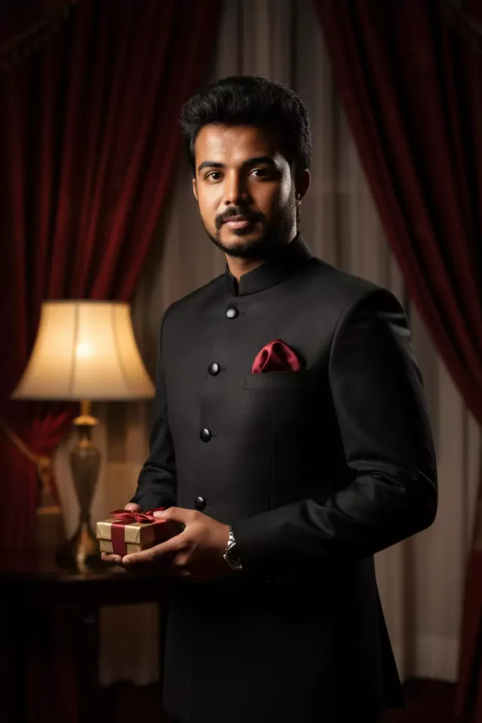 Gemini AI photo editing prompts Durga Puja formal portrait of an Indian man in black bandhgala suit with deep red pocket square holding a gift box sophisticated traditional festival look professional male portrait for Durga Puja realistic ai image edit trending Indian menswear style by AI Artz