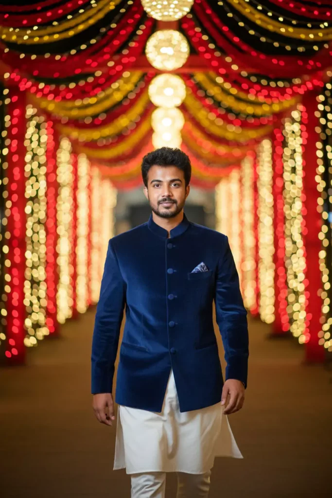 Gemini AI photo editing prompts Diwali fashion portrait Indian man walking confidently in deep blue velvet Nehru jacket and white kurta festive light decorations classic Diwali menswear style realistic AI edit for Diwali celebration trending Indian festival look by AI Artz