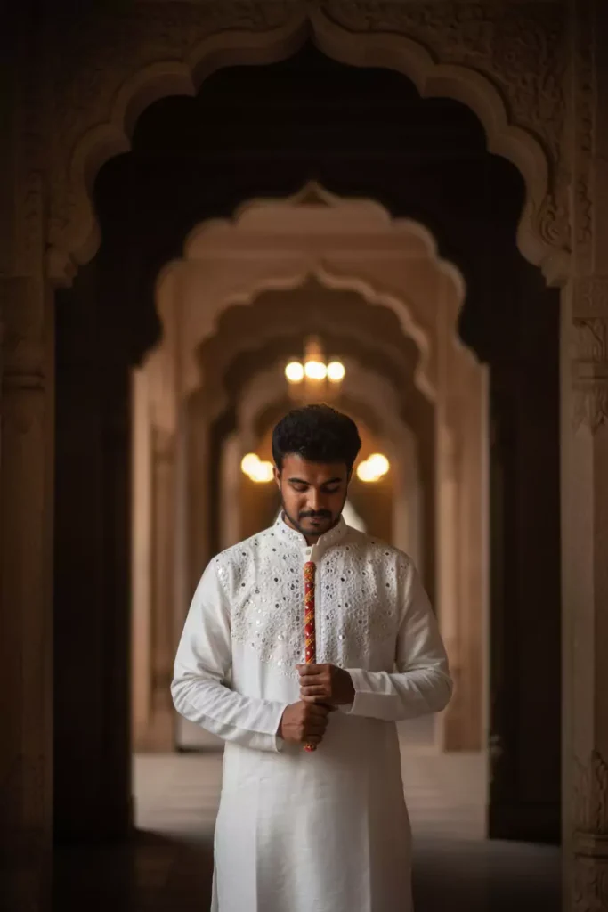 Gemini AI photo editing prompts Navratri portrait Indian man in traditional white mirror work kurta holding dandiya stick peaceful reflective pose temple archway background realistic Navratri look trending festival photo edit Indian menswear style by AI Artz