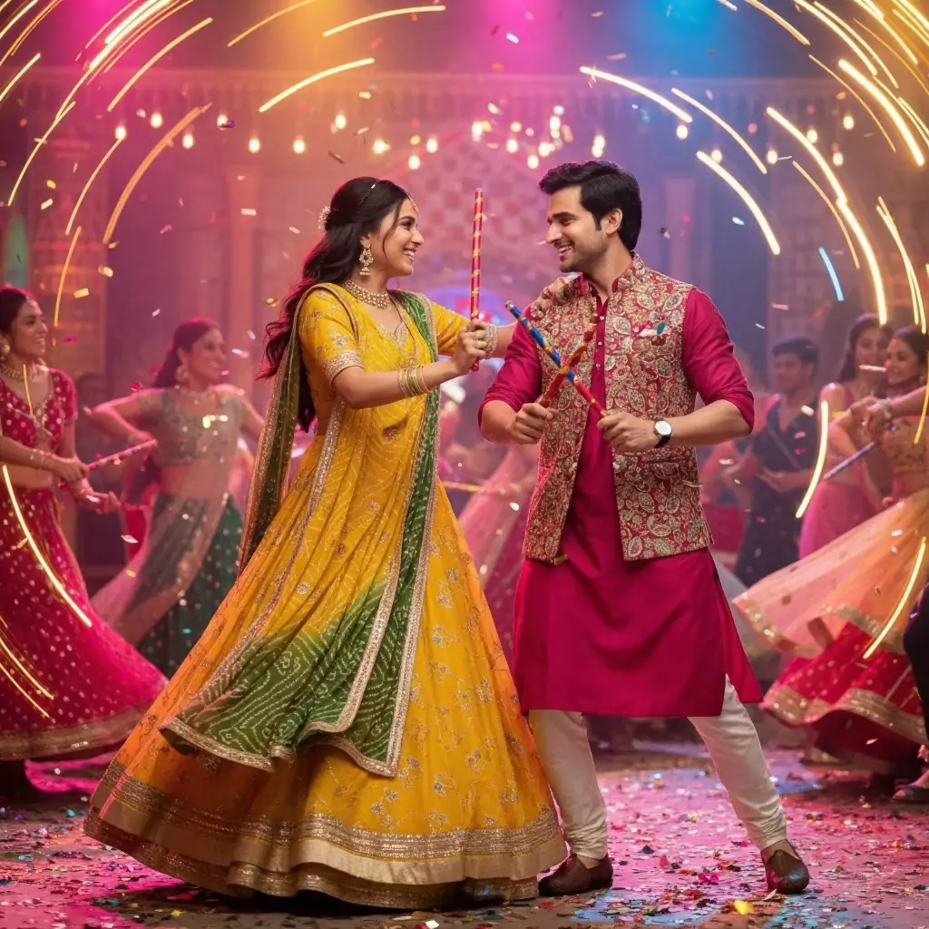 Gemini AI photo editing prompts Navratri couple dance dynamic cinematic moment Indian couple striking dandiya sticks woman in yellow green bandhani lehenga man in magenta kurta and vest vibrant festive garba celebration authentic Navratri fashion trending festival photo edit by AI Artz