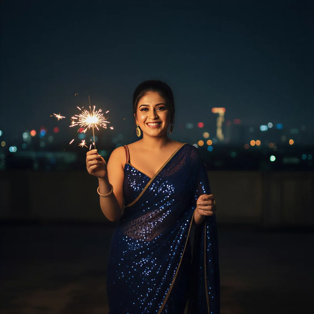 Gemini AI photo editing prompts for Diwali portraits girl holding sparkler in a shimmering navy blue sequin saree glamorous night shot with city lights festive atmosphere Diwali photo ideas for women realistic ai festival images and modern Indian saree style by AI Artz