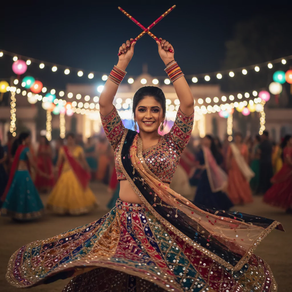 Gemini AI photo editing prompts for Navratri festival: woman spinning in vibrant, mirror-worked chaniya choli holding dandiya sticks, dynamic action shot at night Navratri ground with glowing lanterns and motion blur dancers, ideal for realistic Navratri dance images, garba action poses, and trending Indian festival photo edits by AI Artz