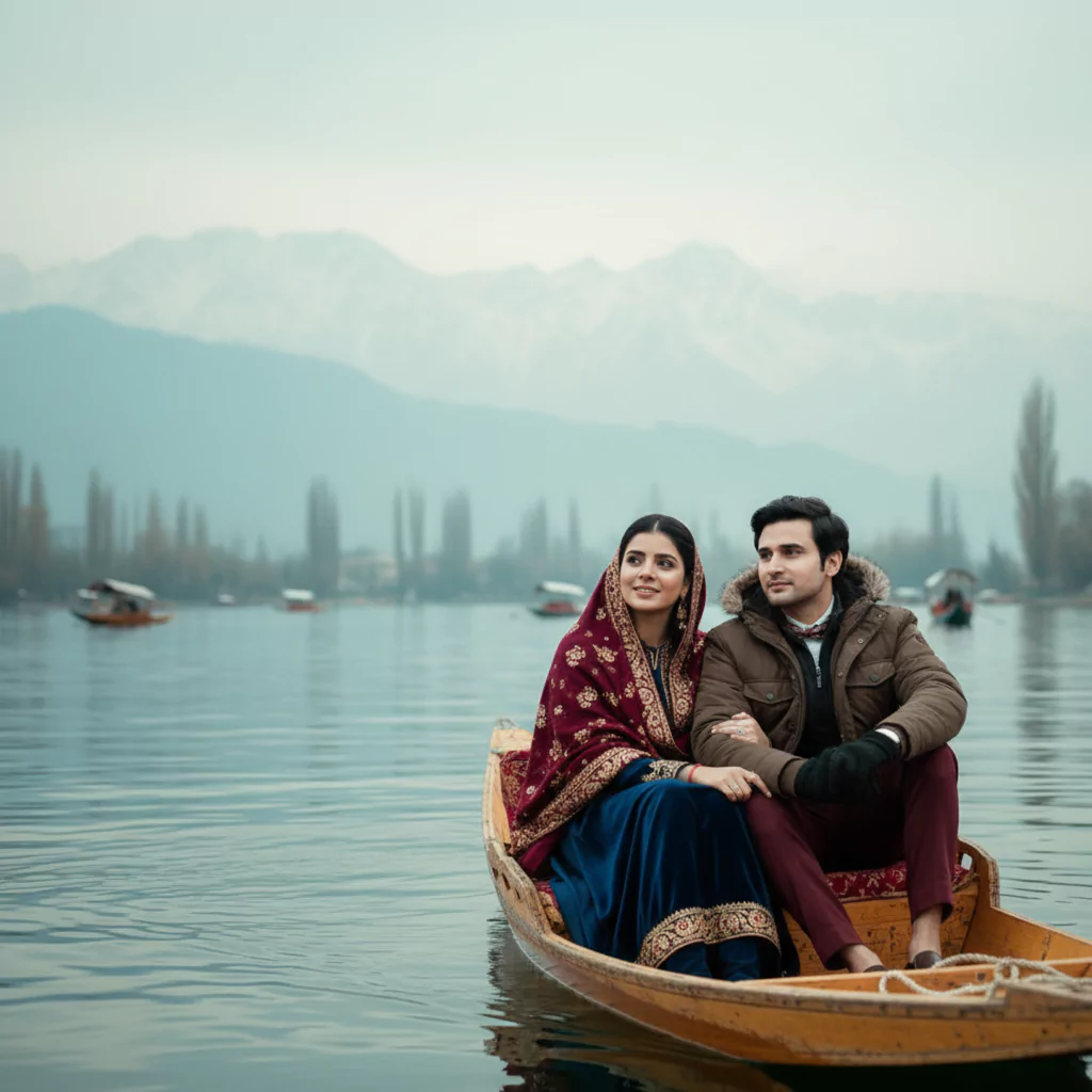 Couple in Kashmiri attire pose together on a shikara boat in Dal Lake with misty mountain views, perfectly showcasing Google Gemini AI photo editing prompts for couples, romantic adventure portraits, trending realistic travel edits, and viral social media couple looks for Indian destinations by AI Artz