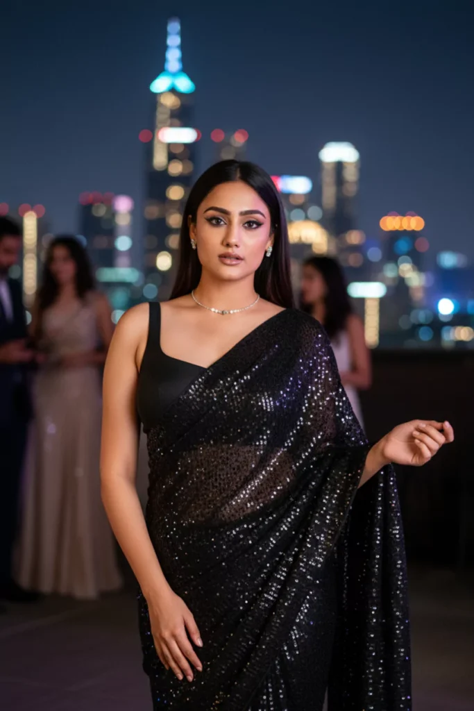 Elegant young Indian woman in a stylish black sequin saree at a city night rooftop party, showcasing Google Gemini AI photo editing prompts for girls, trending saree edits, and modern retro party looks—perfect for creating viral, fashion-forward social media images with realistic AI transformations by AI Artz