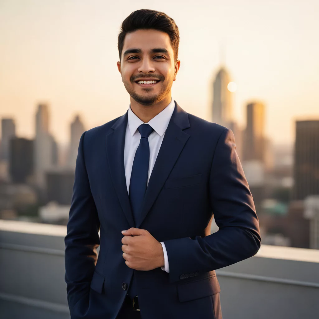 AI-generated portrait of Subhra Prakash Mohanty as AI Artz in a modern navy suit, smiling on a rooftop at sunset with a city skyline, for Google Gemini AI photo editing prompts, executive urban style edits, professional influencer branding, and cityscape lifestyle inspiration and creator of AI Art Revolution and Best of Trend website.