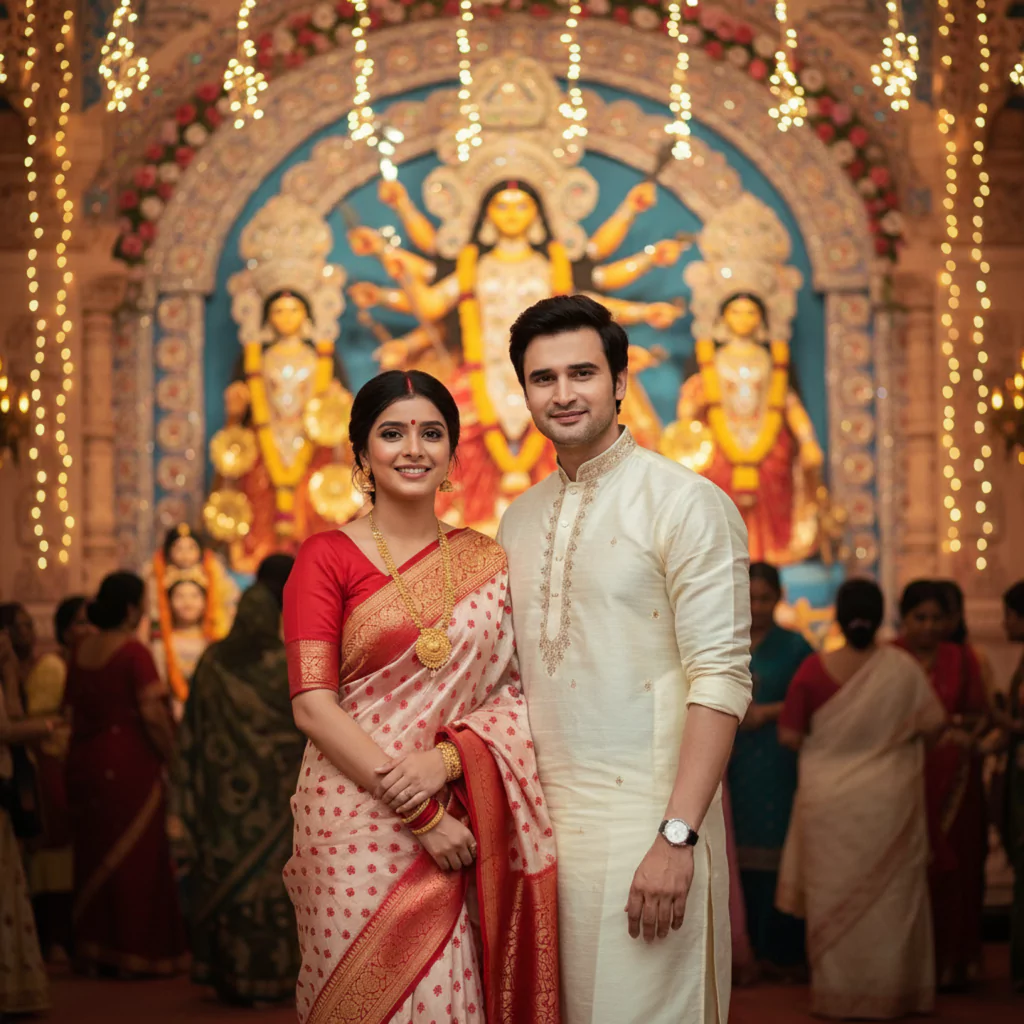 Indian Couple in traditional festive attire stand before a vibrant Durga Puja pandal decorated with golden lights and intricate artwork, perfectly illustrating Google Gemini AI photo editing prompts for couples, romantic Indian celebration portraits, trending realistic wedding edits, and viral social media-ready festival looks by AI Artz