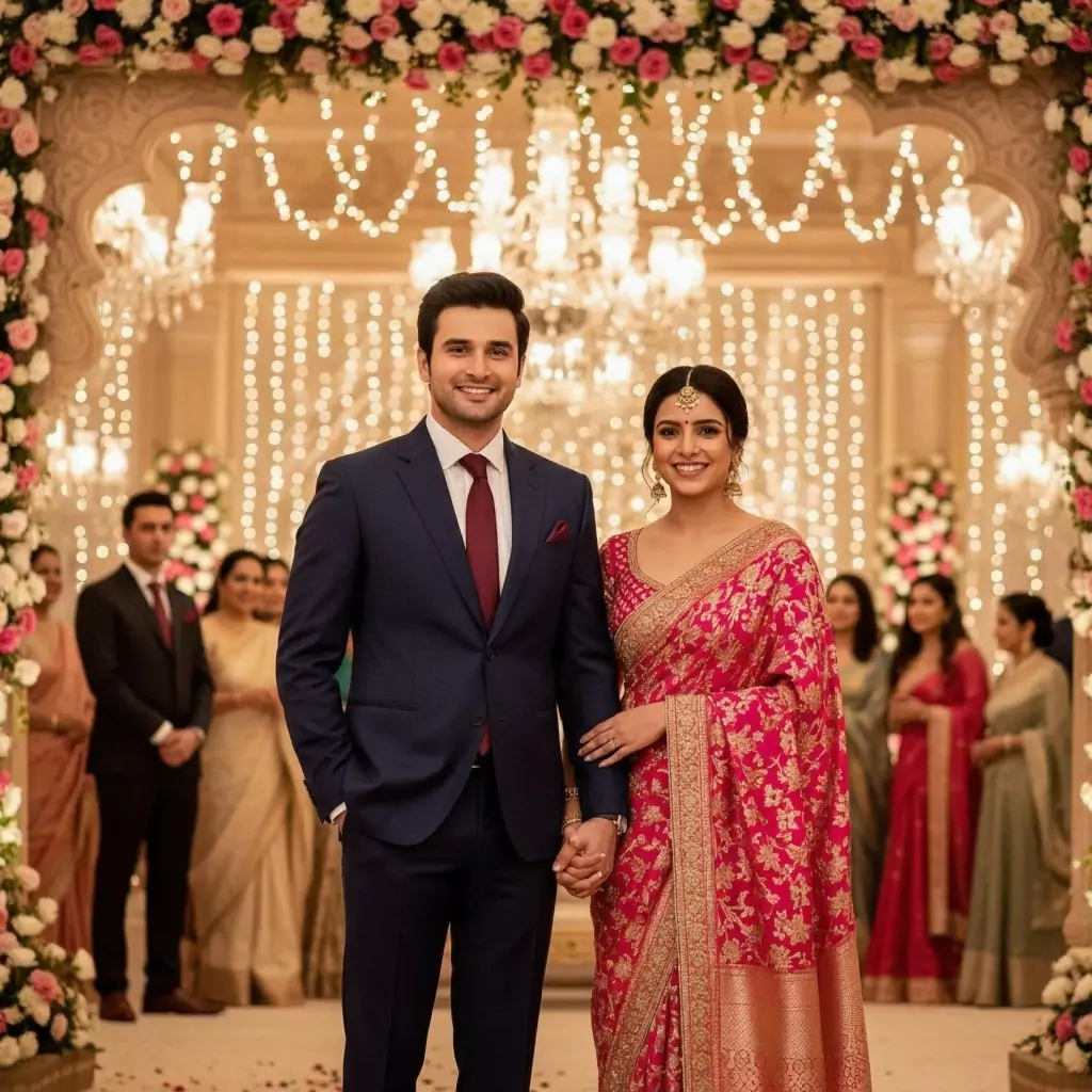Indian Couple elegantly dressed for a wedding in an ornate floral hall with sparkling chandeliers and romantic flower decor, representing Google Gemini AI photo editing prompts for couples, trending romantic portrait styles, and realistic celebration edits designed for social media virality by AI Artz