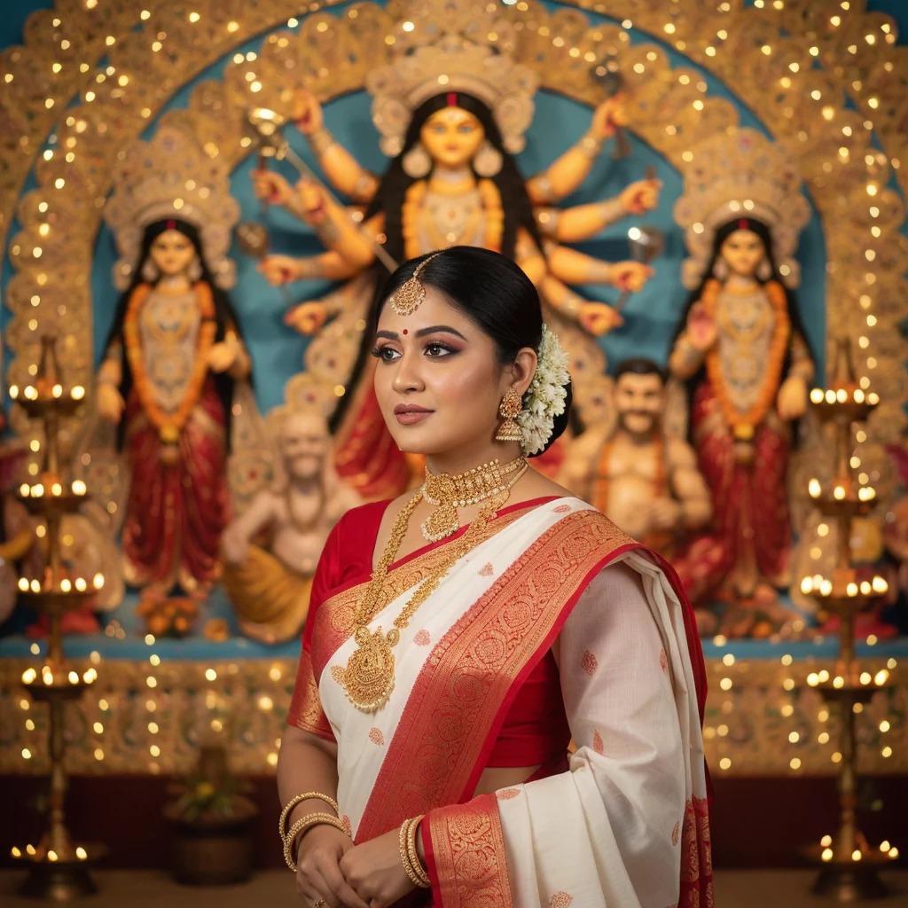 Indian Woman dressed in a traditional Bengali red and white saree with gold jewelry and jasmine flowers, standing in front of an illuminated Durga Puja festive decoration, demonstrating Google Gemini AI photo editing prompts for wedding and festive looks, trending ethnic edits, and cultural celebration backgrounds for realistic social media images by AI Artz