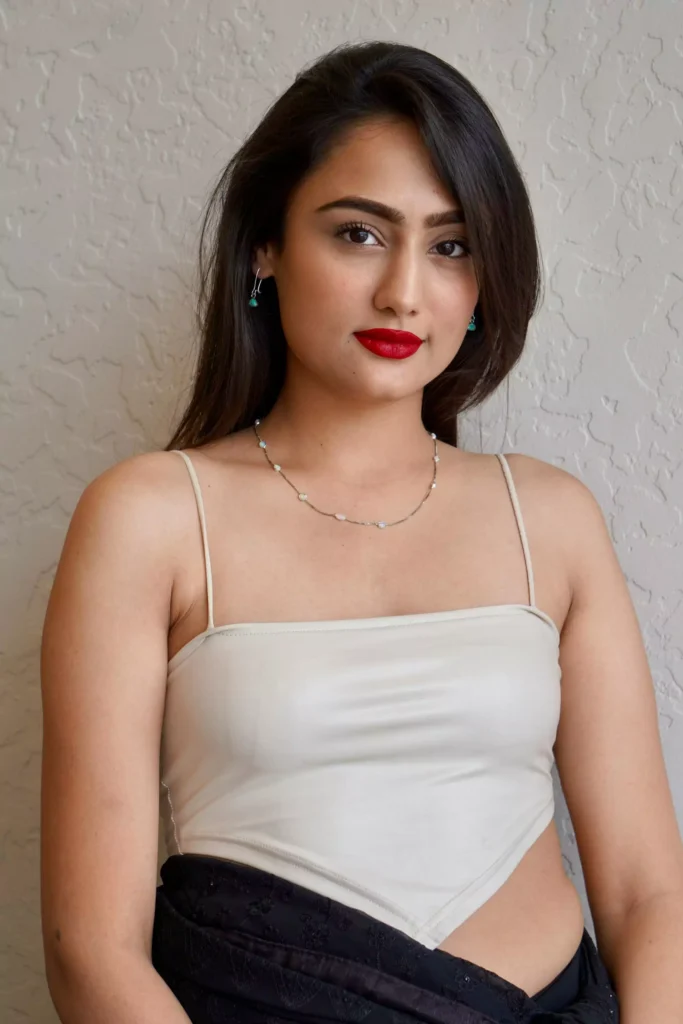 Original reference image of an Indian young woman indoors wearing a minimalist cream spaghetti strap top and delicate jewelry, used for Google Gemini AI photo editing prompts to create stunning saree edits, viral retro looks, and hyper-realistic fashion transformations for girls by AI Artz