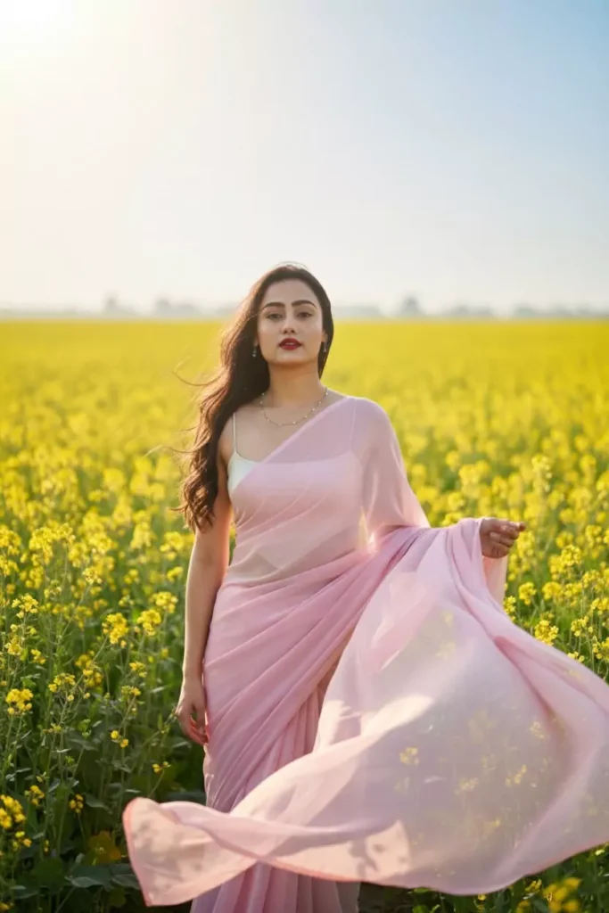 Young Indian woman in a flowy pastel pink saree standing gracefully in a bright yellow blooming mustard field during sunny daylight, demonstrating Google Gemini AI photo editing prompts for girls, trending saree edits, hyper-realistic fashion transformations, and scenic outdoor looks for viral social media images by AI Artz