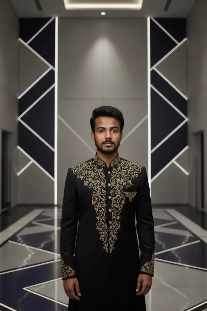 Indian Man in a stylish black sherwani with intricate gold embroidery, standing in a modern geometric hallway, showcasing Google Gemini AI photo editing prompts for boys, trending ethnic outfits, and fashion-forward portrait styles perfect for creating realistic, impactful social media images by AI Artz